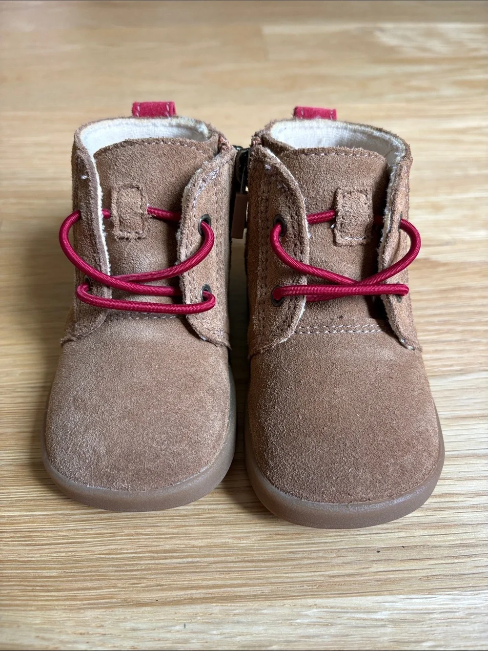 UGG Kids | Brown Suede Zip Ankle Boots with Red Trim
